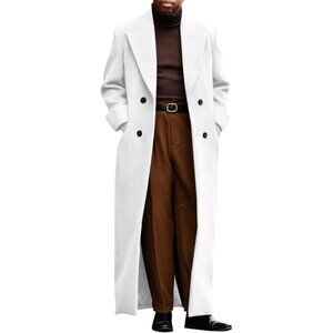 Men's White Full Length Trench Coat Notched Lapel Long Jacket Double Breasted